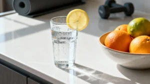 Sparkling water with lemon and fresh fruit for wound healing nutrition and hydration.